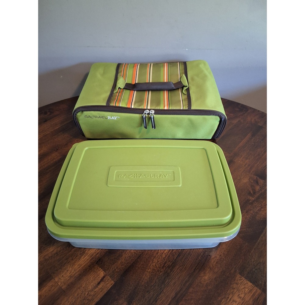Rachael Ray Insulated Food Carrier Green Striped Bag with Deviled Egg Tray Set